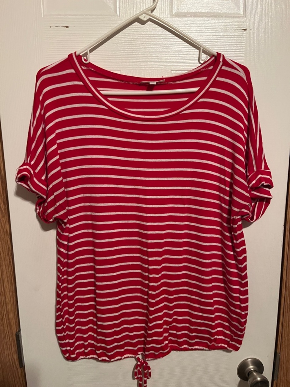 Casual Red & White Striped Short Sleeve Drawstring Tee